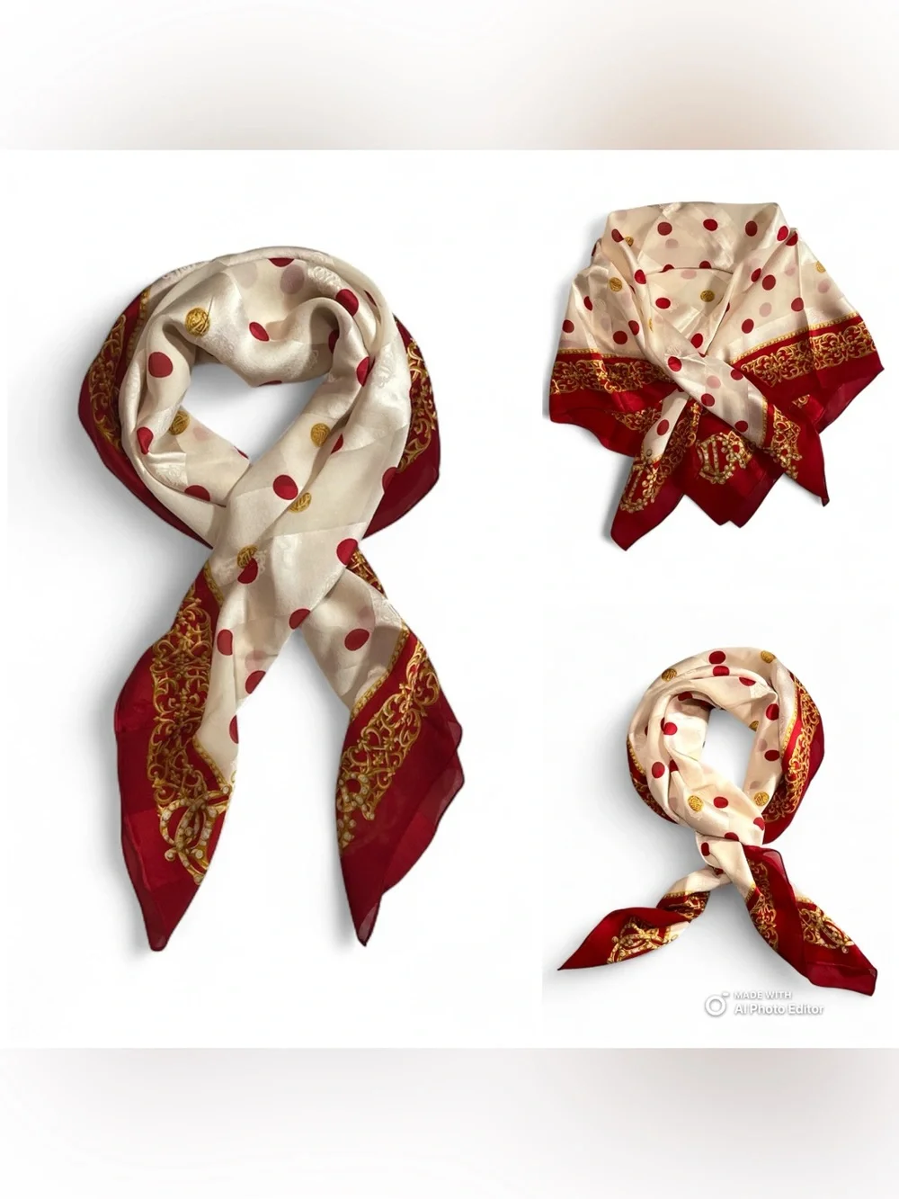 Dior Vintage Silk Chiffon Scarf Red Gold Polka Dot Crown Filigree Jacquard 32